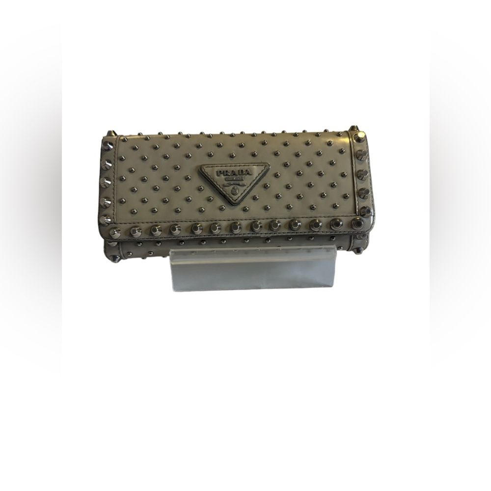 PRADA Studded Long Wallet Gray/Silver Leather Great Used Condition GORGEOUS